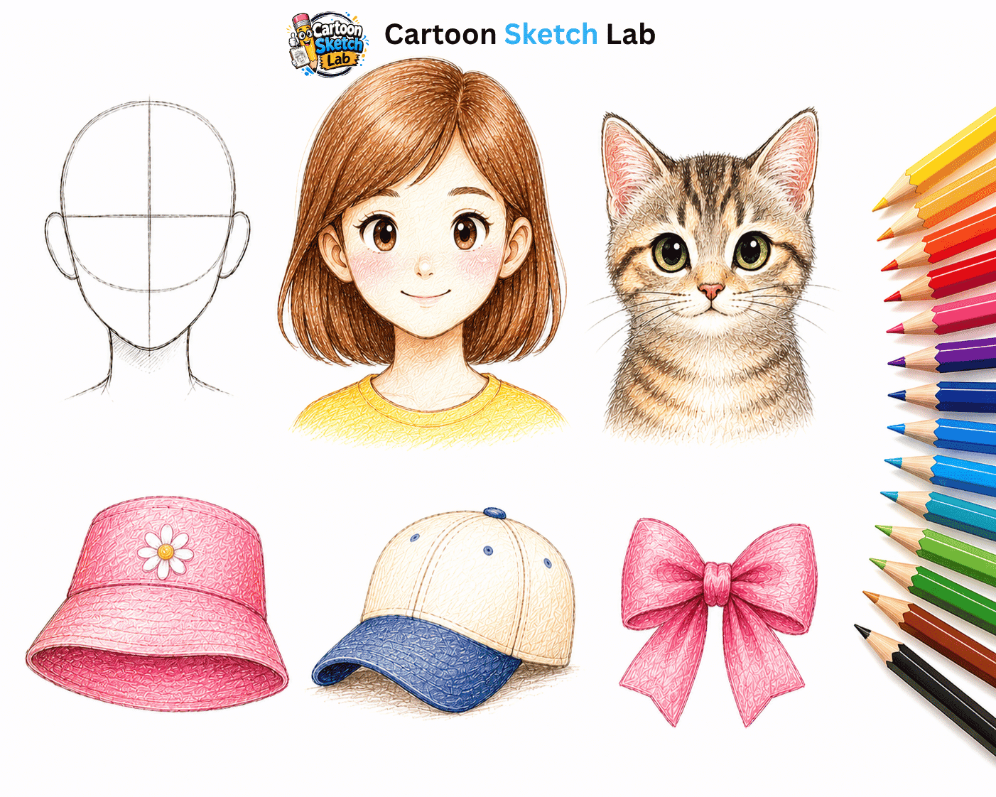 Online coloring page with cartoon sketches and colored pencils