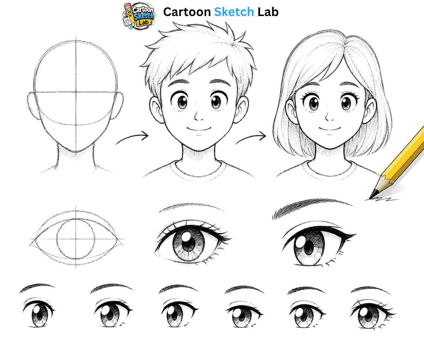 Pencil sketch practice for cartoon characters and anime eyes